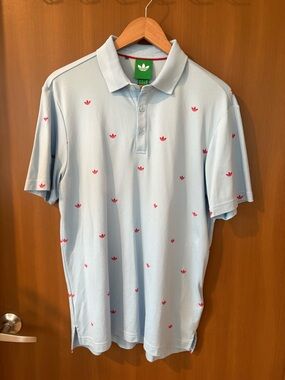 adidas Light Blue Polo with Red Trefoil Pattern